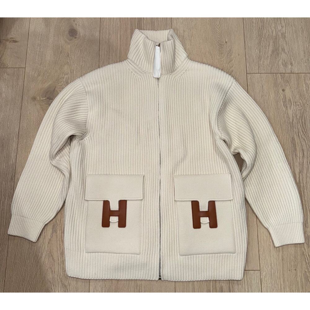 Hermes H Pocket Logo Blanc Zip Up Zipper Cardigan Sweater Wool Knit Jacket 38 - Picture 4 of 16